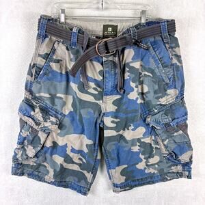 VTG Jet Lag Cargo Shorts Mens 38 Blue Camo Belted Paratrooper Baggy Military Y2K